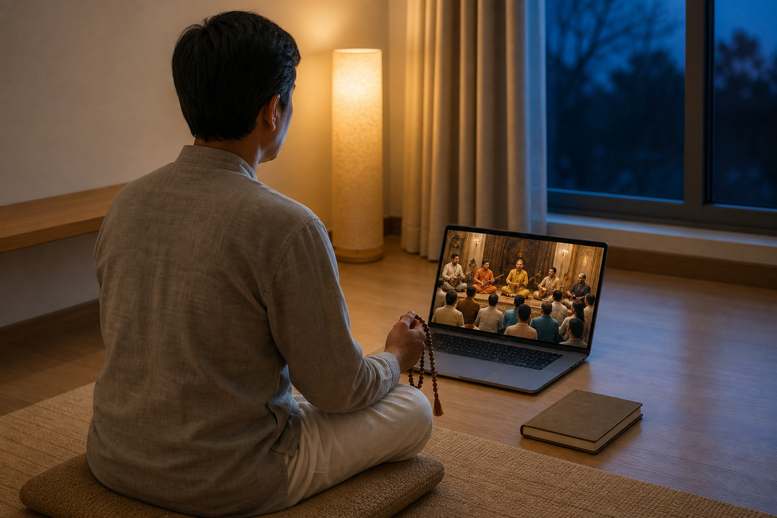A person watches a temple kirtan on a laptop while holding prayer beads in a quiet room.