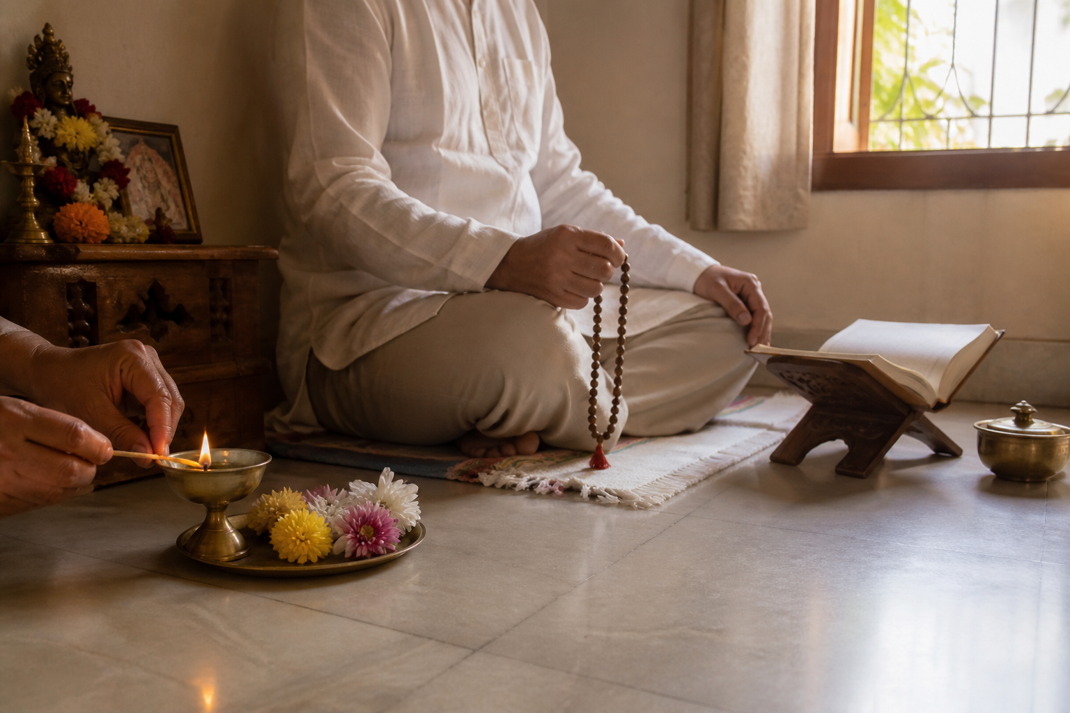 An anonymous devotee lights a lamp, uses prayer beads, and studies beside a simple home altar as daylight changes.