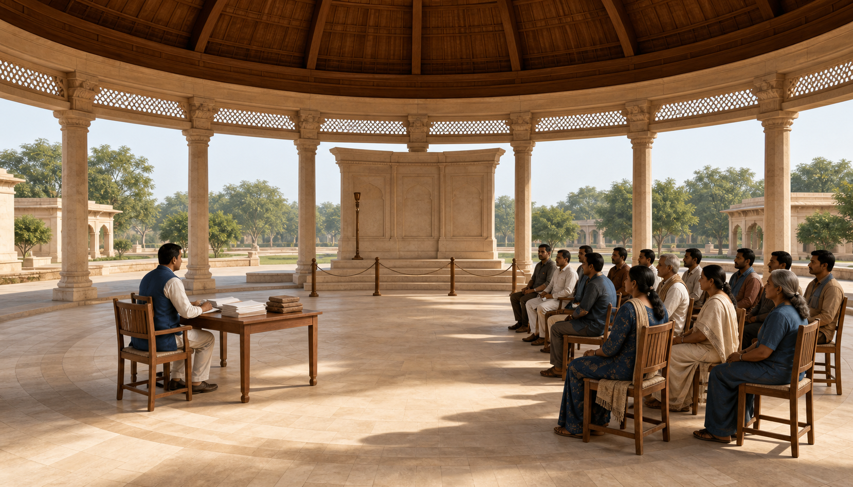 Citizens face an officeholder across a plain table during an open hearing in a circular pavilion, with blank records and modest ceremonial objects nearby.