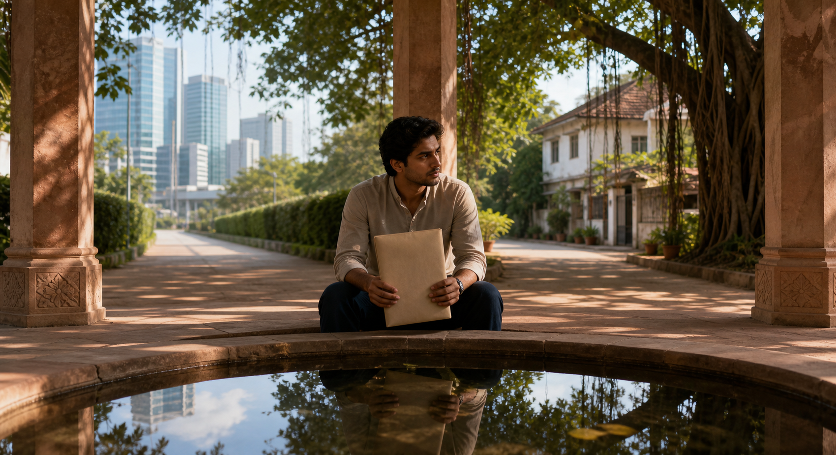 An Indian professional holding an unmarked folder pauses beside a reflective pool where two paths diverge between offices and a family home.