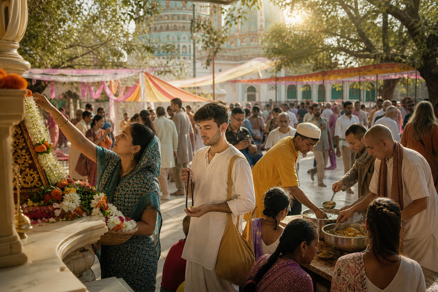 Visitors pause in a busy temple courtyard as devotees offer flowers, chant with prayer beads, and serve a meal.