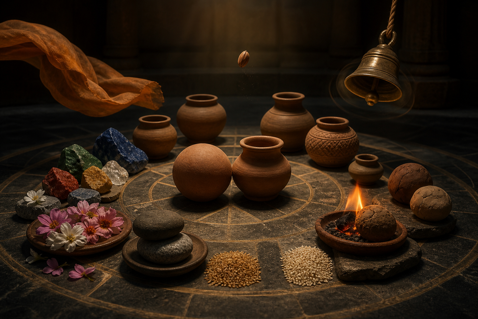 Clay forms, textured objects, flowers, a bell, moving fabric, separated grains, and a flame are arranged in concentric groups on a stone floor.