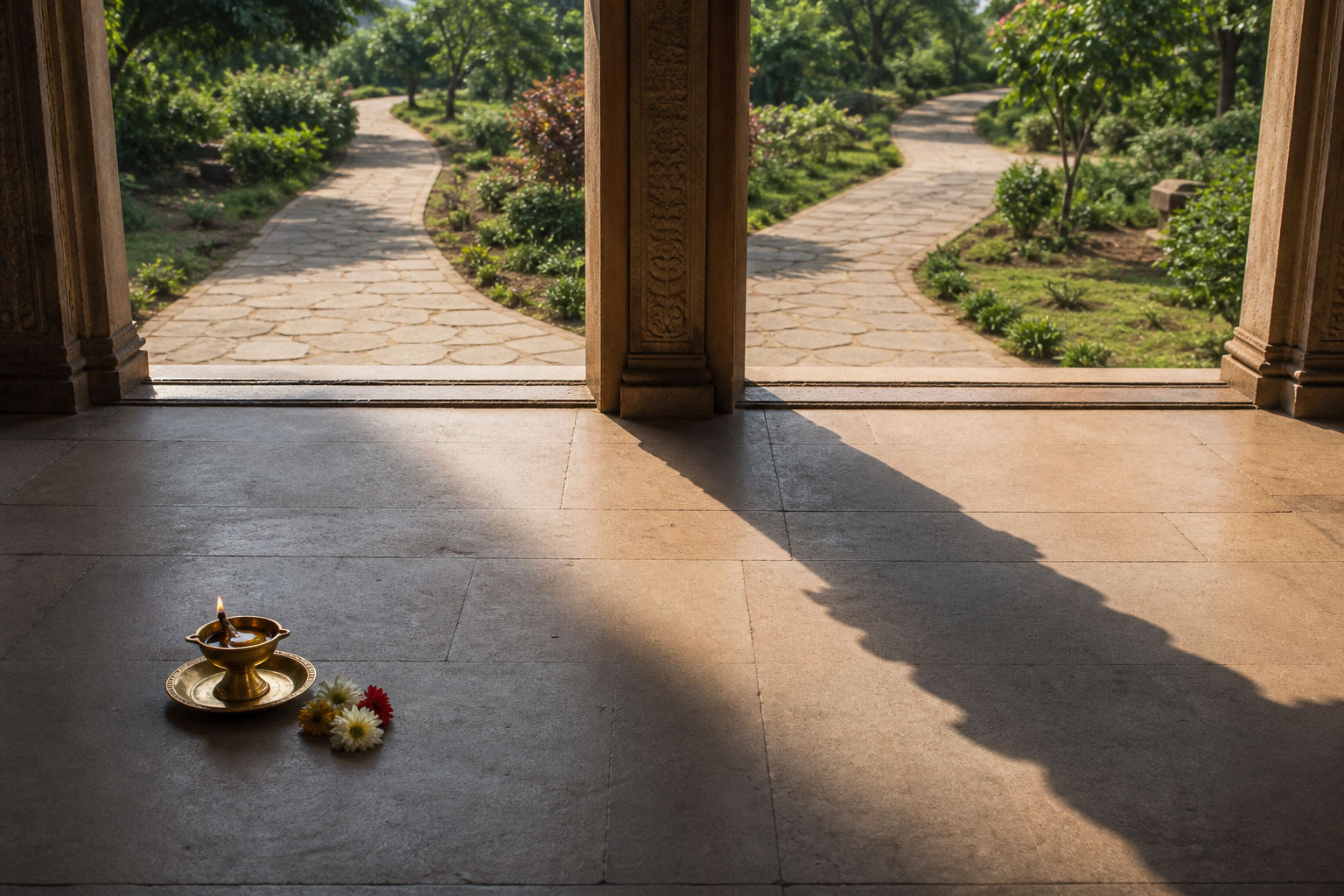 A pillar shadow crosses a stone threshold in an afternoon courtyard while several paths continue beyond it.