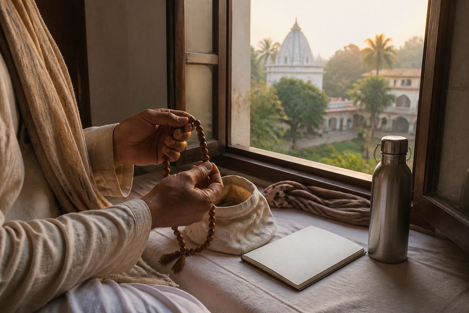 A pilgrim holds wooden prayer beads beside a cloth bag, water bottle, scarf, and blank notebook at dawn.