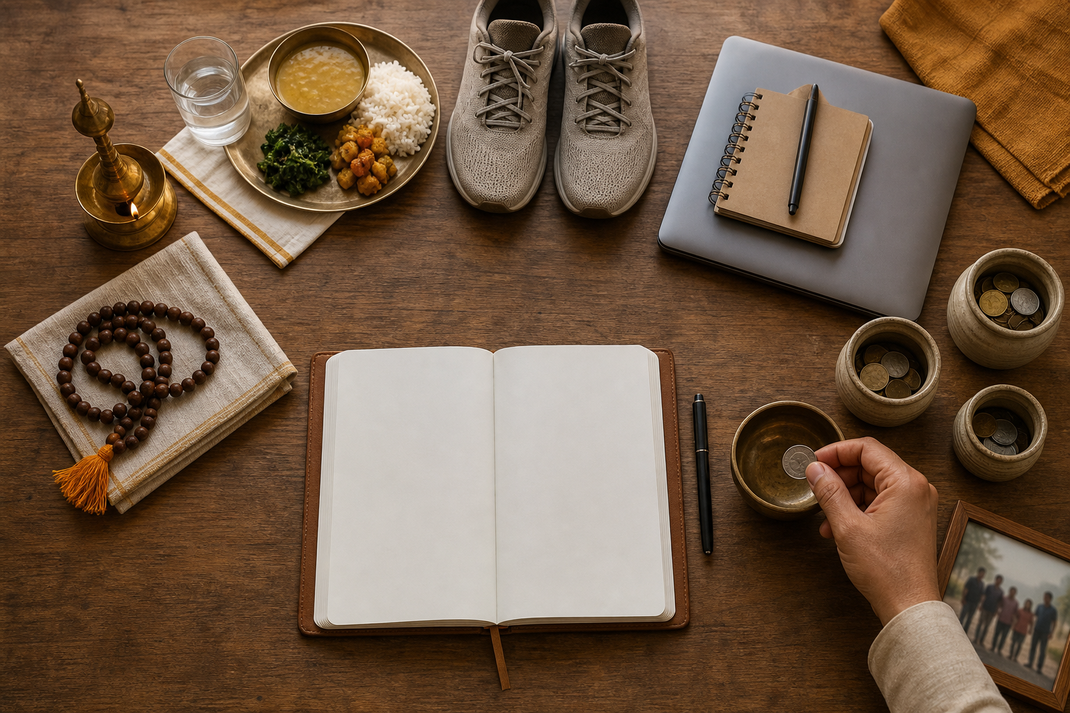 Hands place a coin in a giving bowl on an orderly table with prayer beads, a lamp, a meal, work tools, a blank ledger, household jars, and a family photograph.