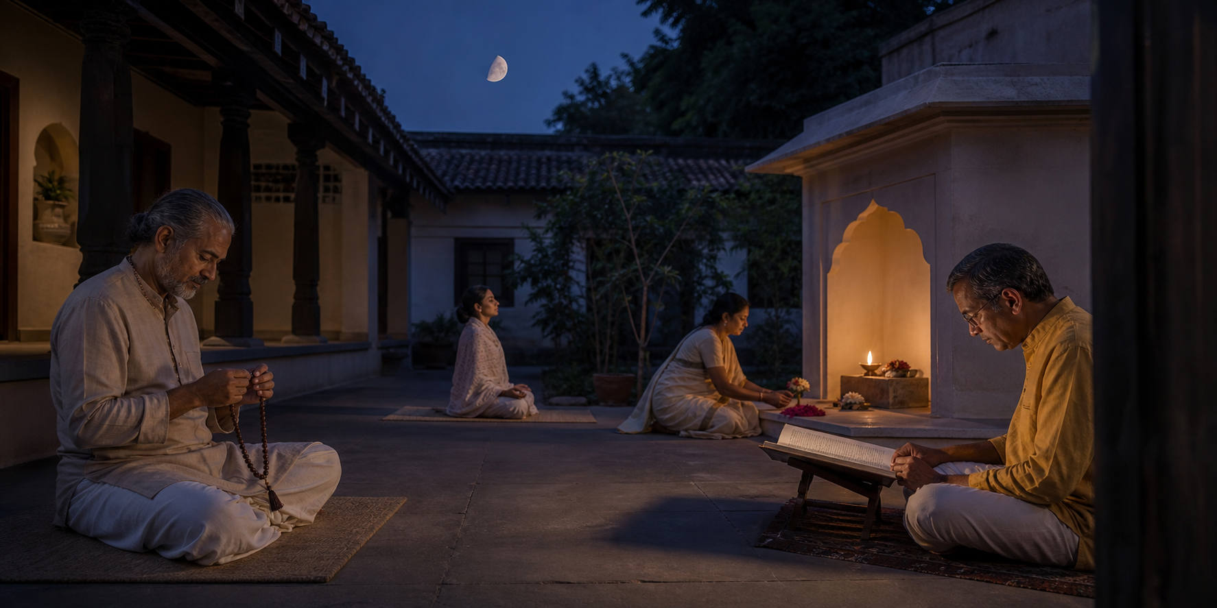 Several people practice prayer, meditation, lamp offering, and study separately in a quiet courtyard beneath a waning moon.