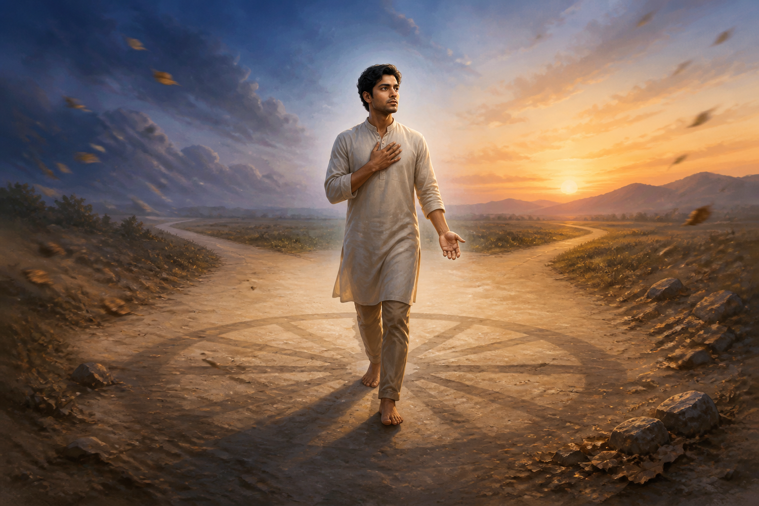 A composed person pauses at a windswept crossroads at dawn, surrounded by moving leaves and a circle of clear air.