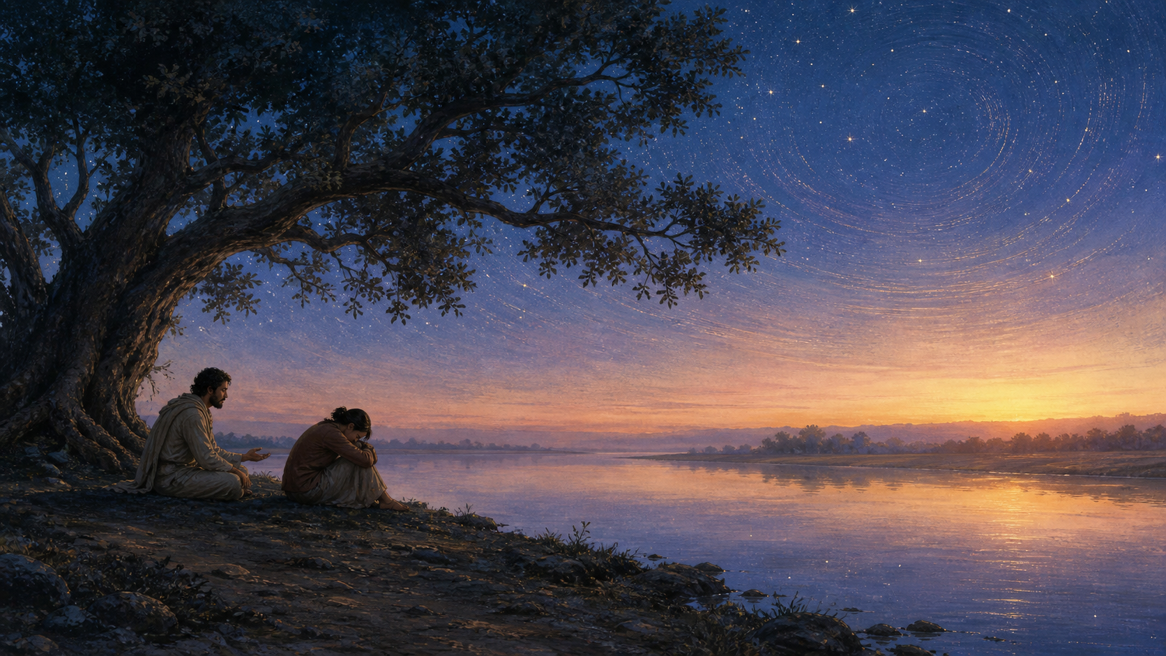 Two adults sit beside a still river before dawn, one grieving and the other offering quiet companionship beneath a starry sky turning toward sunrise.