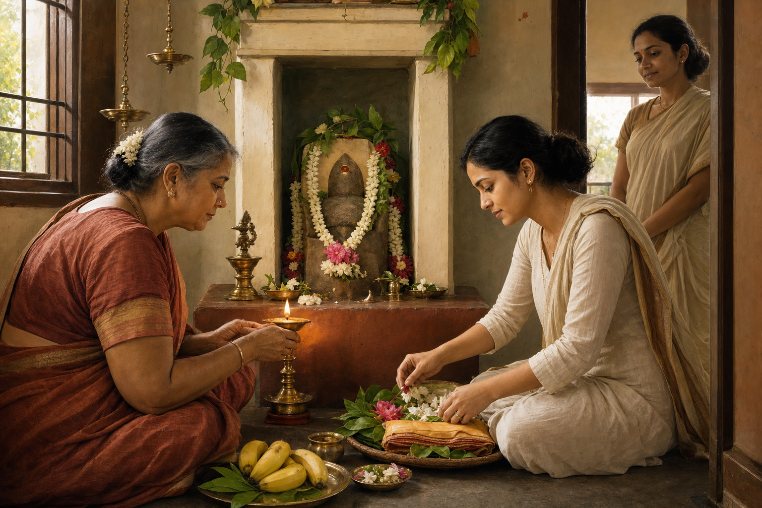 An older woman and a younger adult arrange flowers, fruit and an oil lamp before a small family goddess shrine in a prayer room.