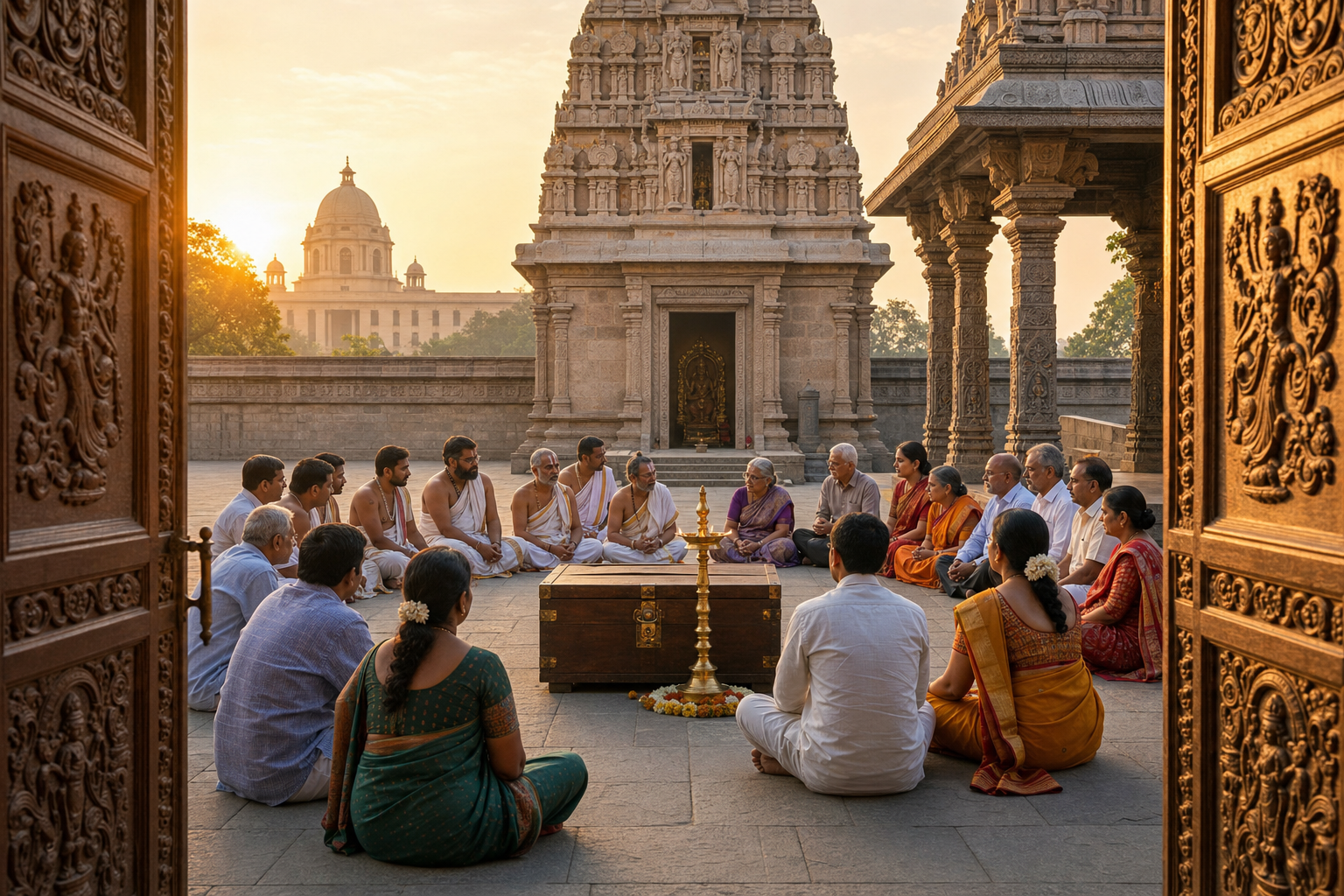 Devotees, priests and community stewards gather around a brass lamp and wooden chest in a fictional Indian temple courtyard, with a government building visible beyond the wall.