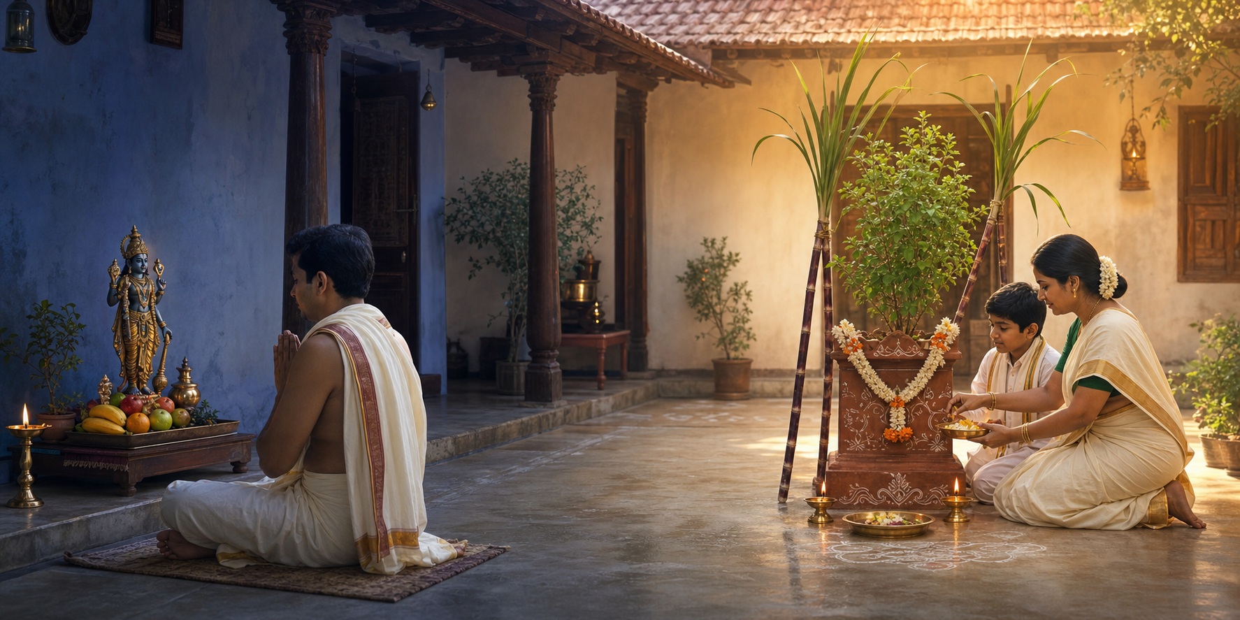 A Tulsi courtyard progresses from a dawn vow to flower decorations and finally a circle of lamps beneath the full moon.