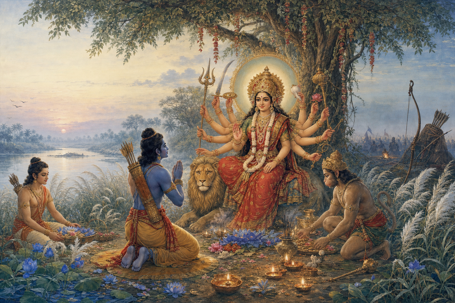 Rama, Lakshmana, and Hanuman make offerings to a luminous many-armed Durga in an autumn Bengal landscape filled with white kaash grass.