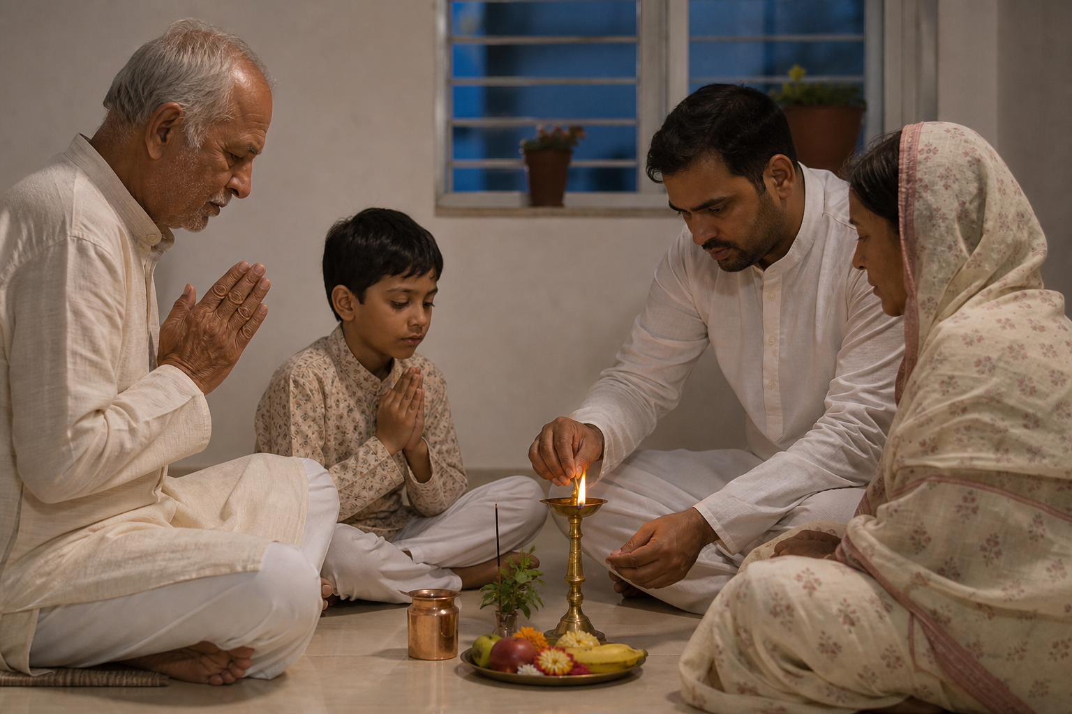 A multigenerational family performs a simple Kartik puja at home with a brass lamp, water, fruit, flowers, and Tulsi leaves.
