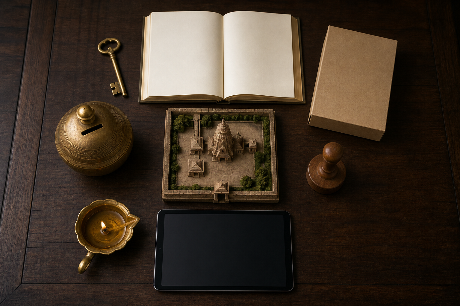 A temple key, blank ledger, archive box, property model, donation vessel, oil lamp, seal, and tablet are arranged on a wooden table.