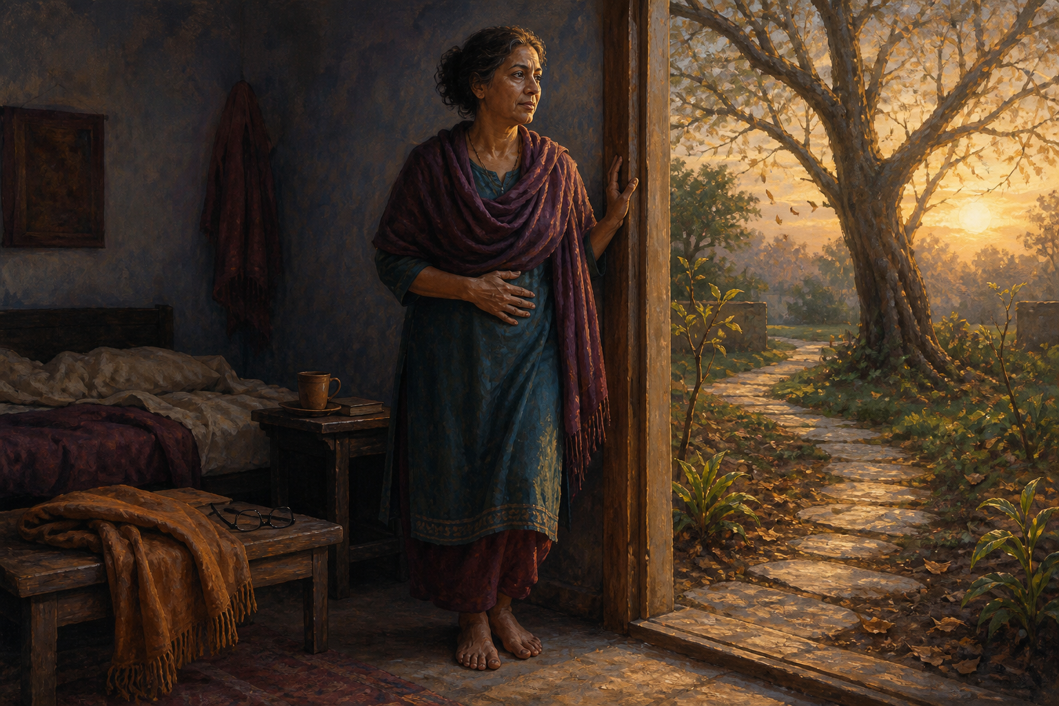 A barefoot middle-aged woman stands in a doorway between a shadowed bedroom and a dawn-lit garden, with one hand on her abdomen.