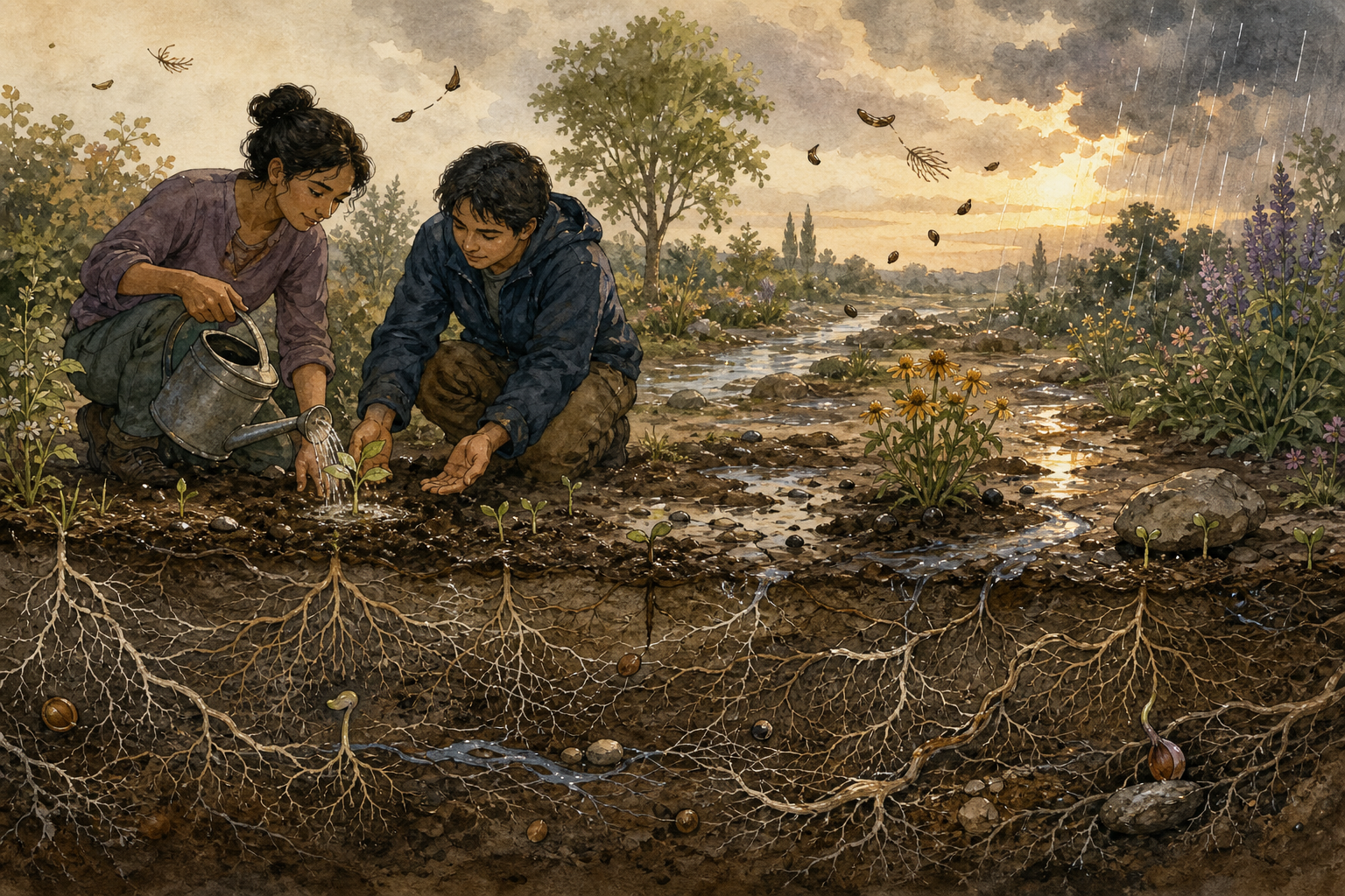 A gardener and another person tend a fragile seedling while seeds, roots, stones, rain, and plants show varied conditions across a garden.