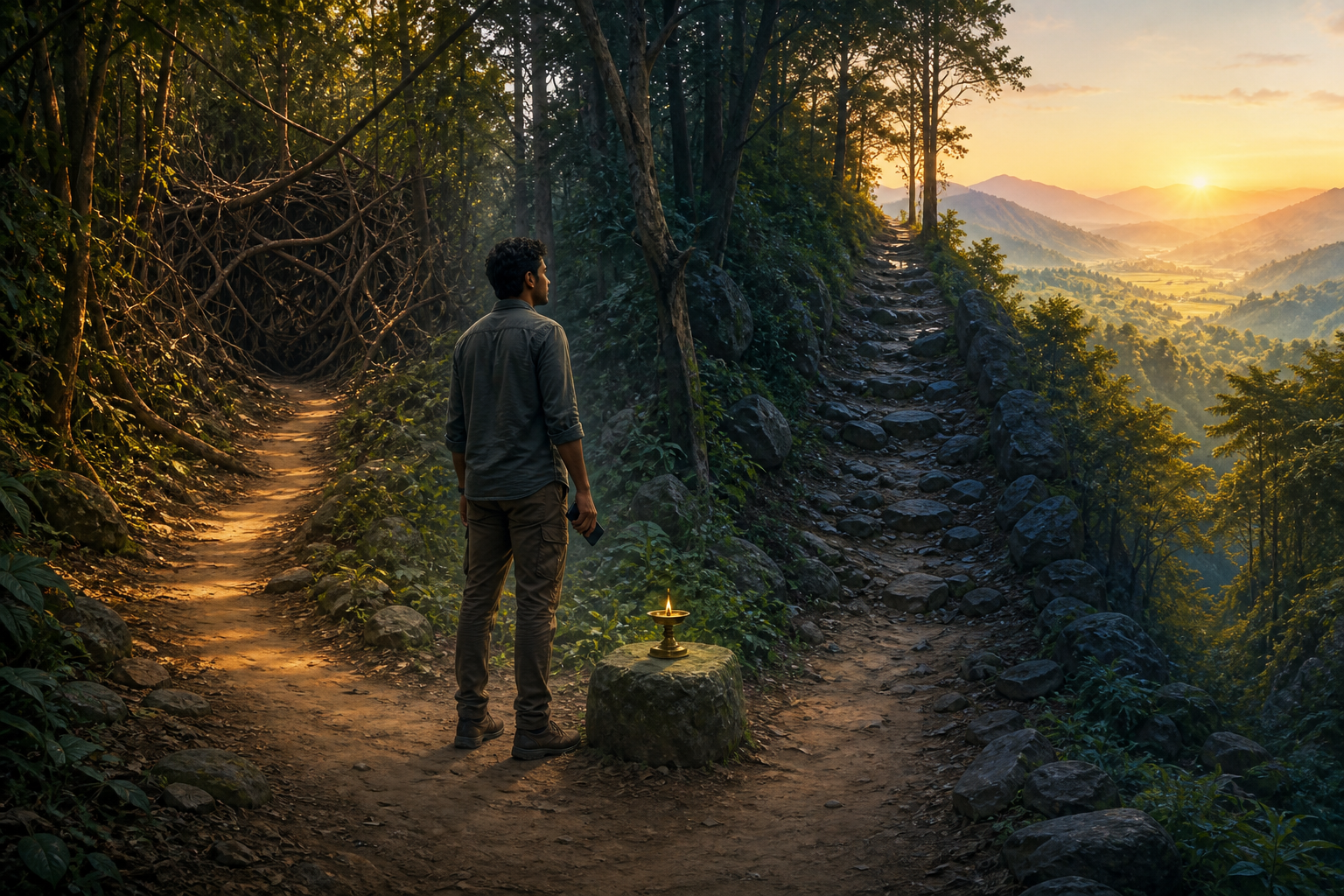 A person calmly considers two forest paths at dawn beside a small brass lamp, with one route opening toward a clear valley.