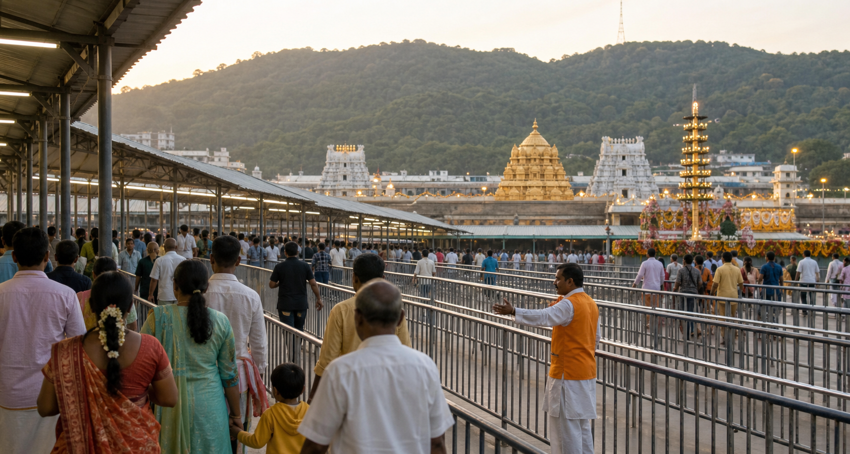 Pilgrims move through orderly covered queue lanes near the golden-roofed Tirumala temple complex in the early morning.