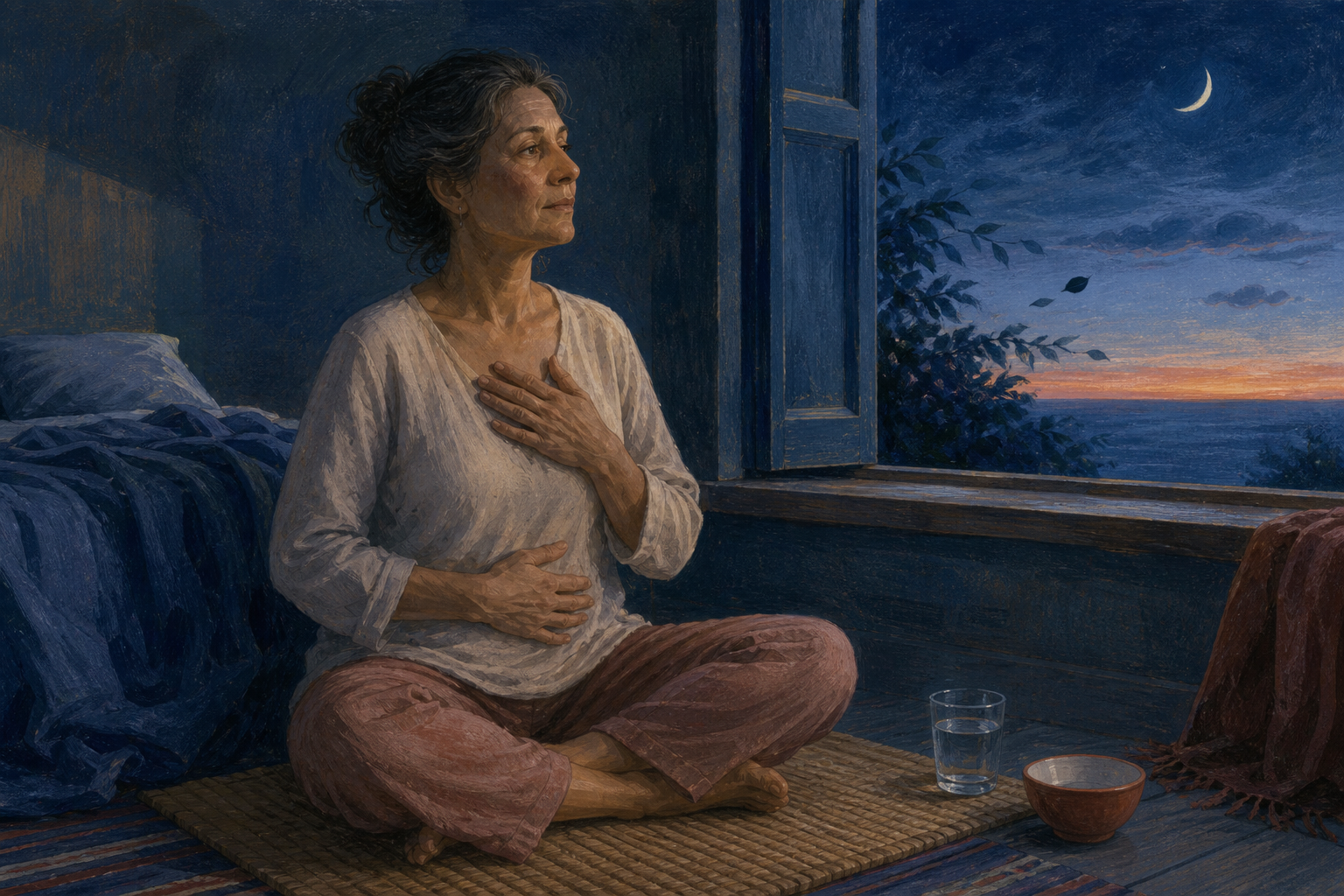 A middle-aged woman sits awake on a woven mat before sunrise, resting one hand on her chest and the other on her abdomen beside an open window.