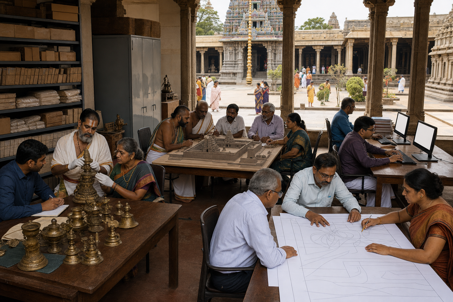 Priests, trustees, accountants, archivists, and conservation workers manage records and temple assets in an administrative courtyard beside the sanctuary.