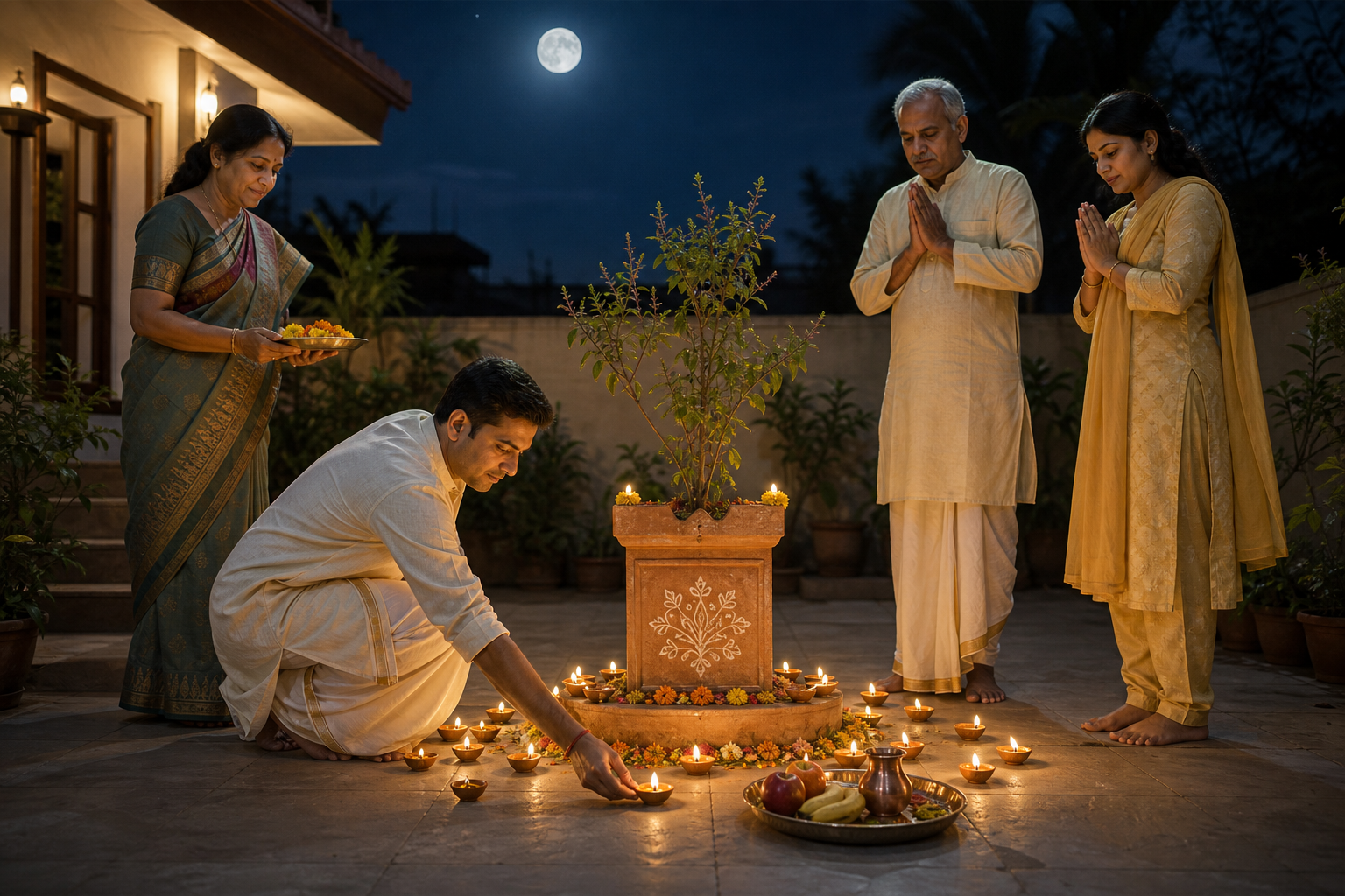 A family completes a Kartik Purnima observance by placing oil lamps and flowers around a Tulsi plant beneath the full moon.