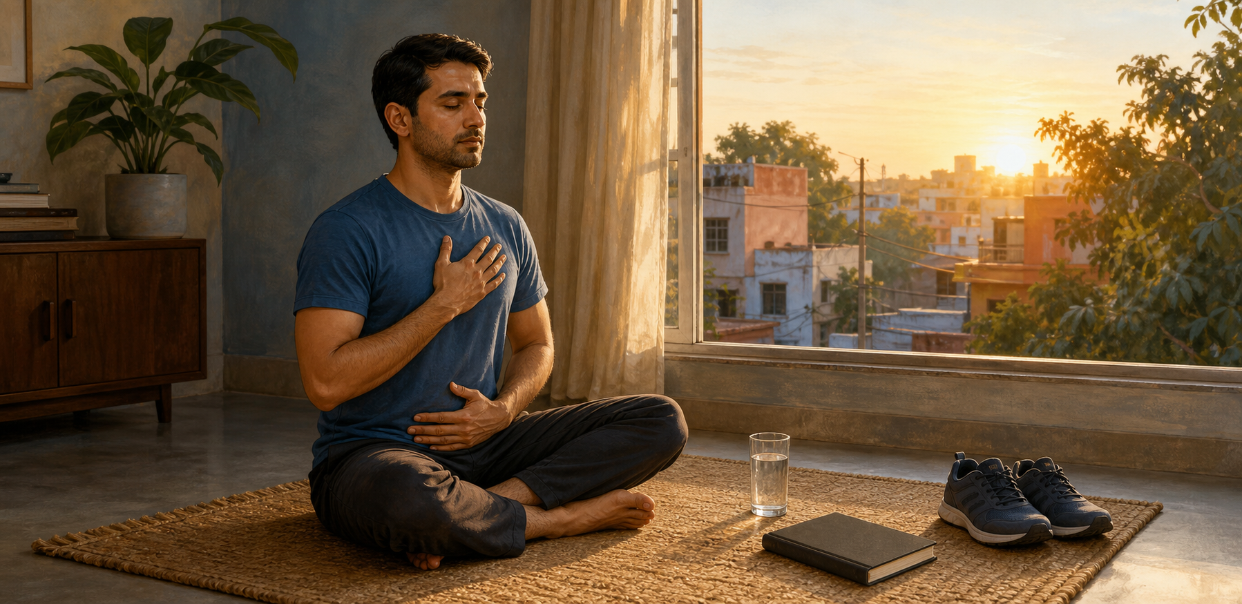 A man practices seated breathing at sunrise beside an open window, with shoes, a closed journal, and water prepared nearby.