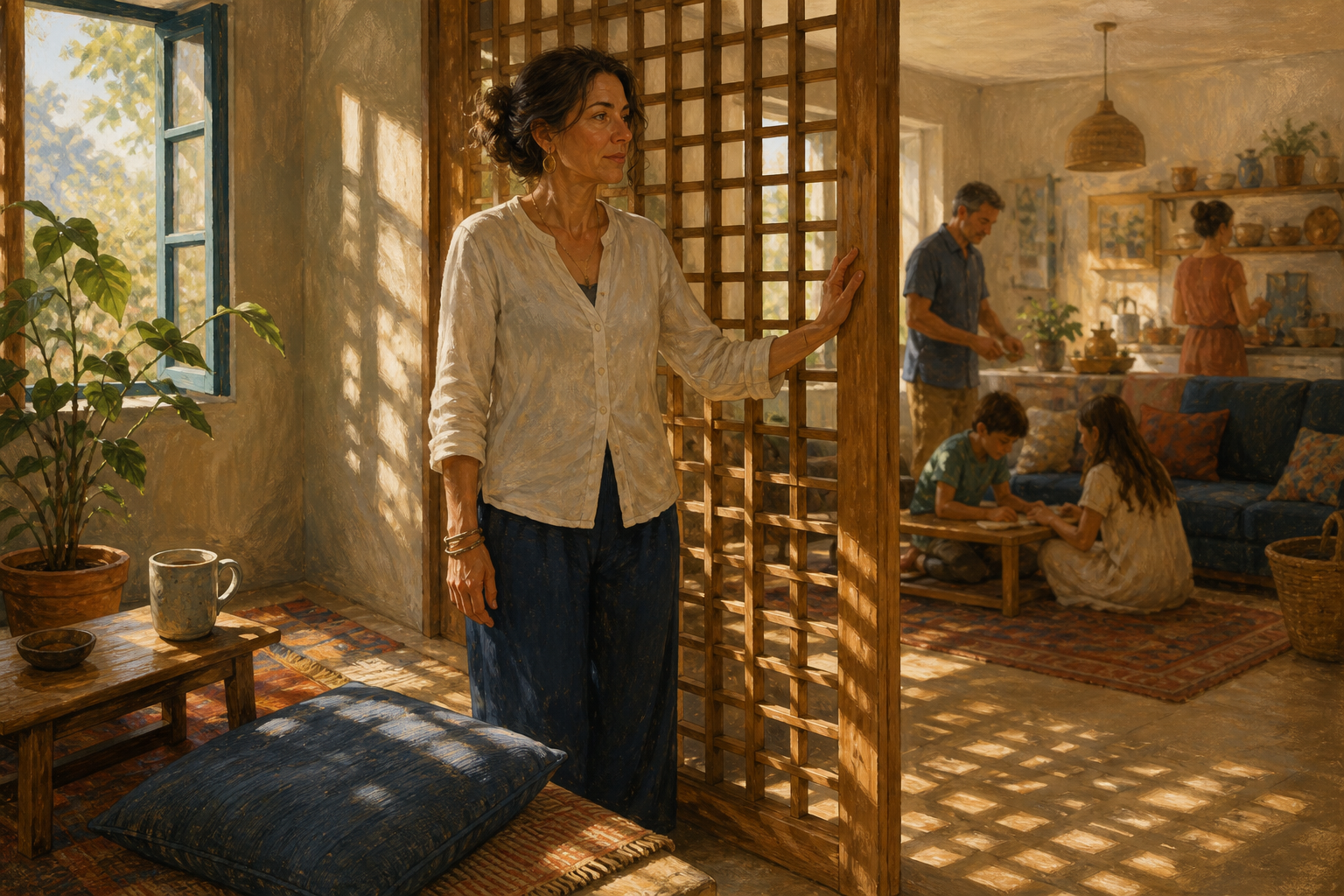 A middle-aged woman stands beside a wooden lattice screen separating a quiet reading nook from family activity in the next room.