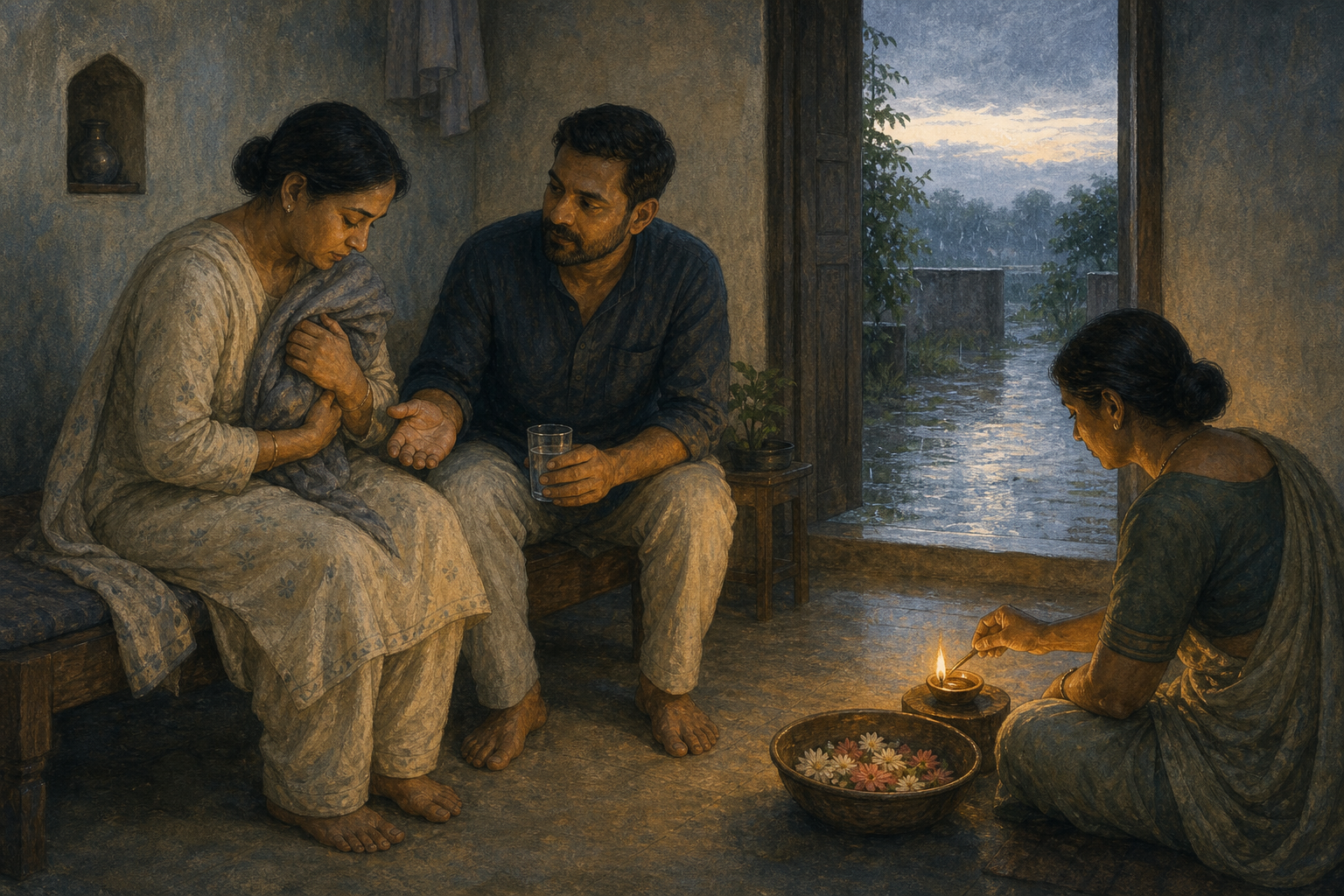 A grieving person sits with a supportive companion in a quiet room while another helper lights an oil lamp near flowers and rain falls outside.