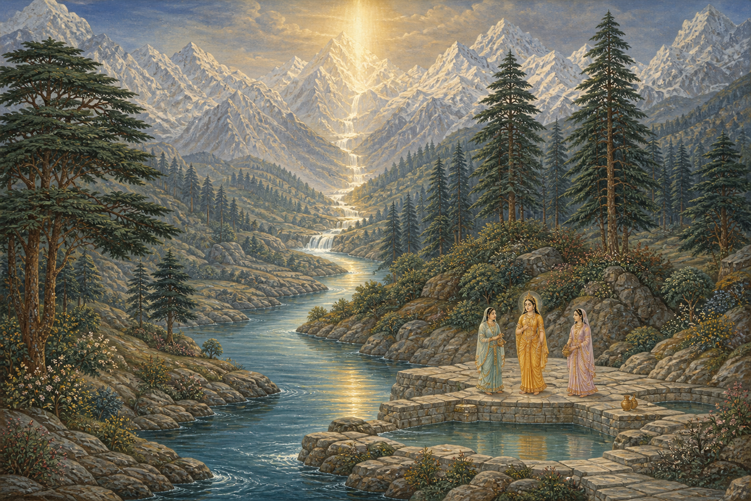 The Mandakini River flows from snowy mountains toward Parvati and her two attendants standing together at a stone bathing place in a cedar forest.