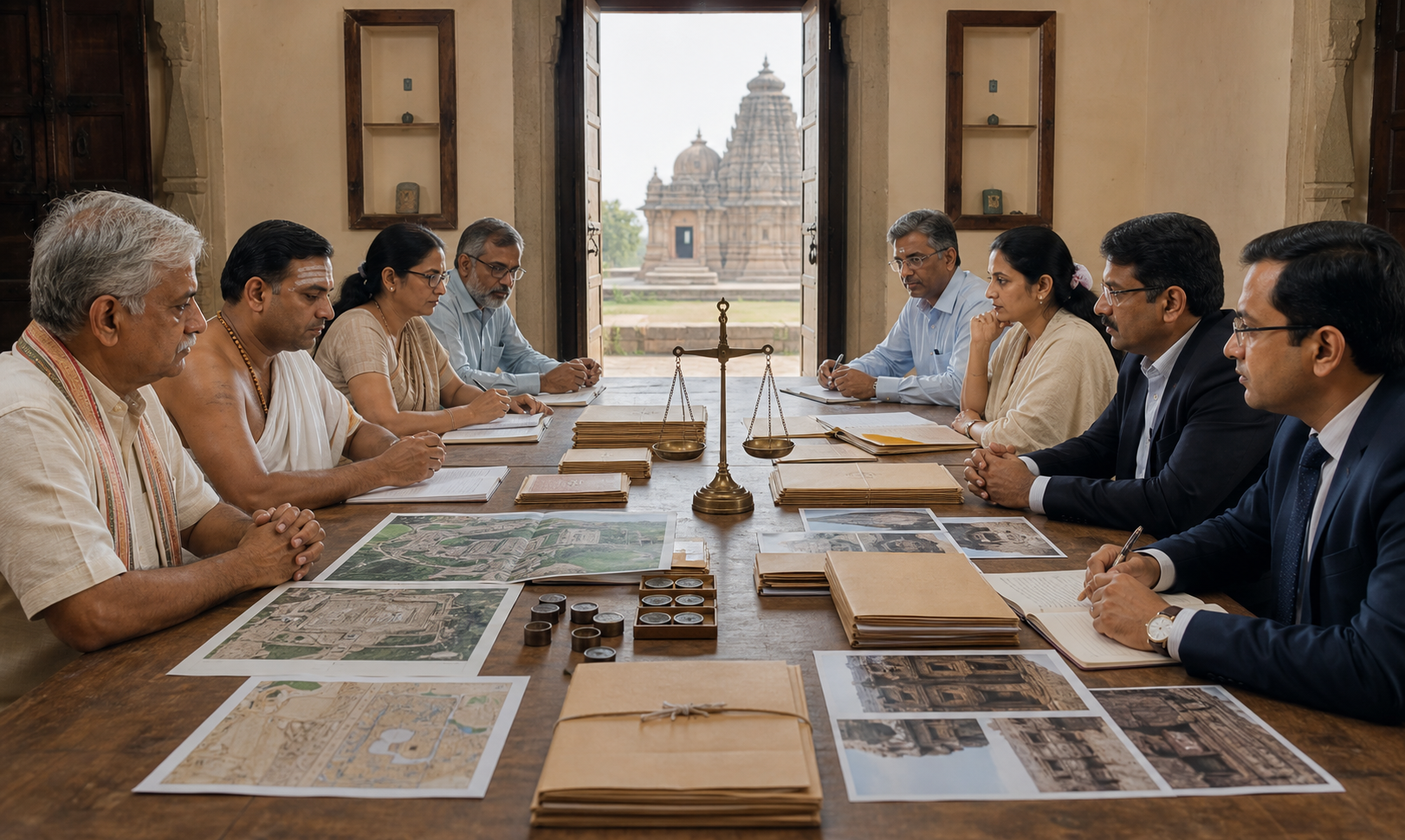 Temple representatives and civil officials review unmarked files, property maps, photographs, and financial records around a hearing table with a balance scale.