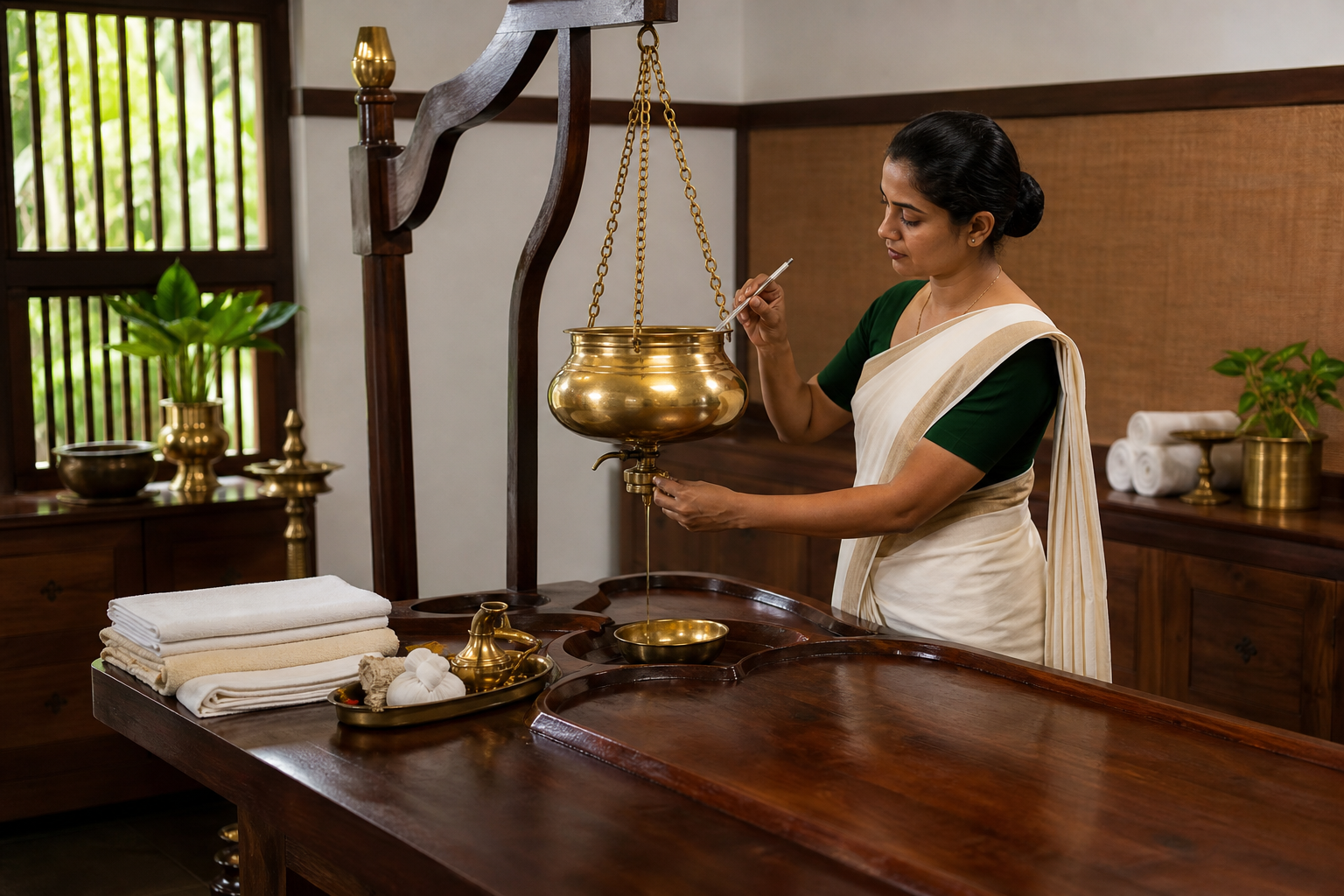 A Kerala Ayurveda practitioner checks oil temperature and adjusts a suspended brass Dhara vessel above a prepared wooden treatment table.