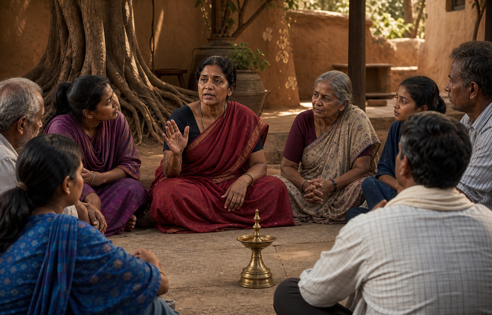 A middle-aged South Asian woman speaks with an open hand while people of different ages listen in a shaded courtyard circle.