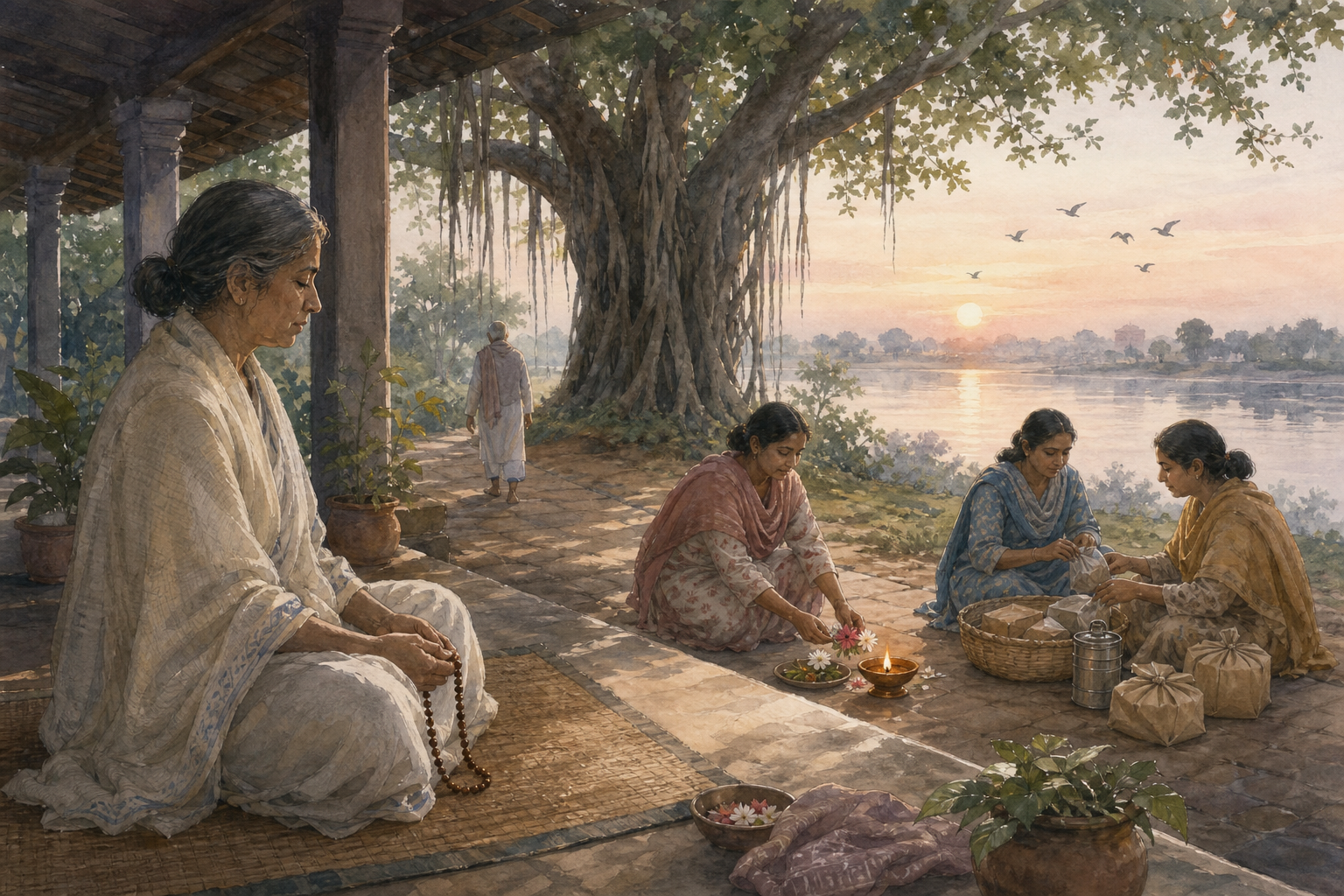 People meditate, tend an oil lamp and flowers, prepare food parcels, and walk beneath a banyan tree beside a river at dawn.
