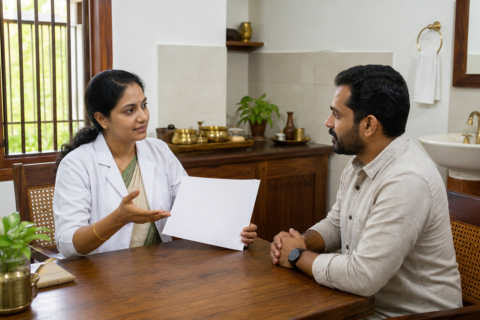 An Ayurveda practitioner conducts a private pre-treatment consultation with an adult visitor in a clean Kerala clinic.