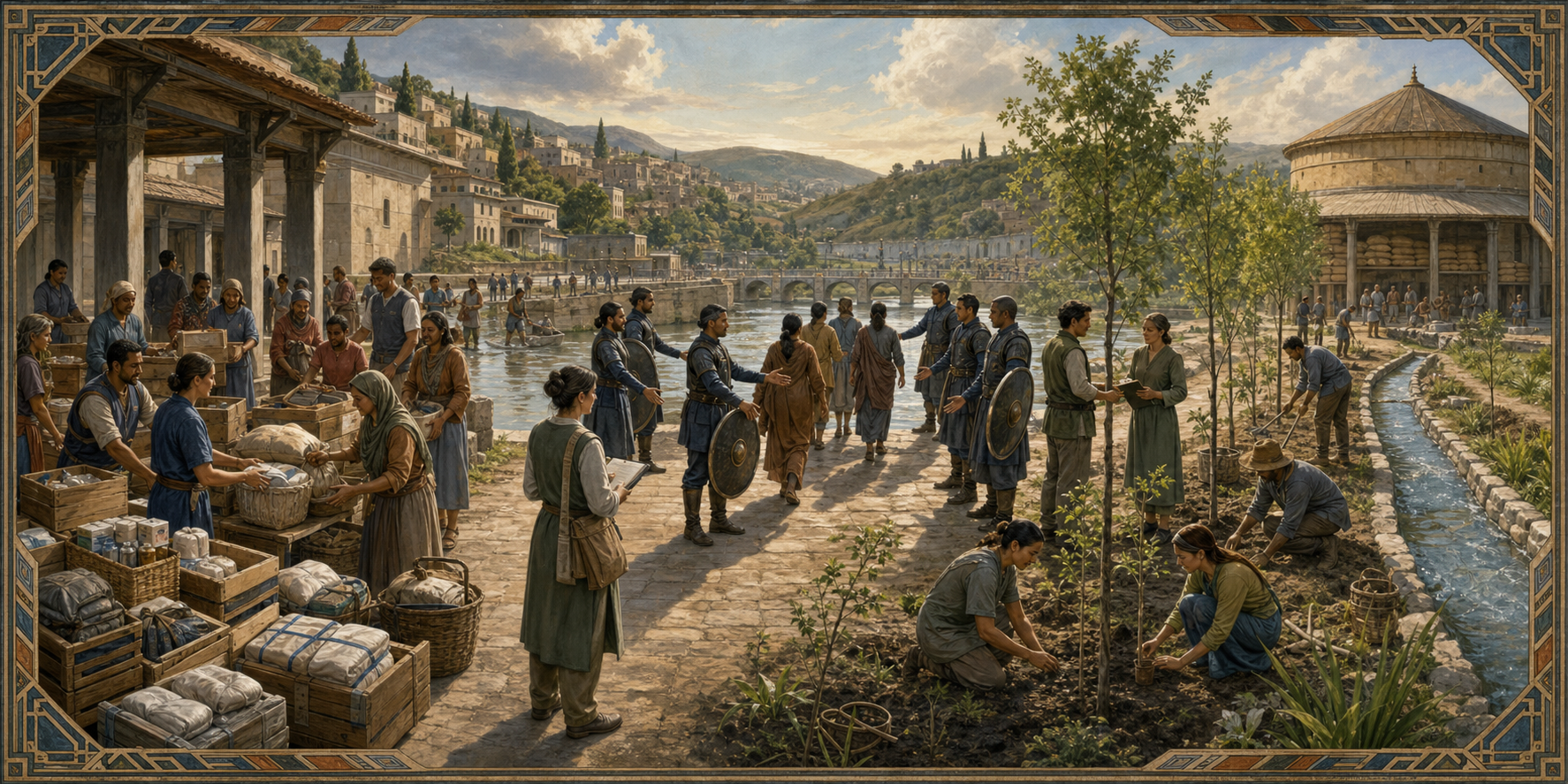Officials and residents distribute relief supplies, guards maintain a safe civilian passage, and stewards inspect a restored riverbank and shared granary in one connected civic landscape.