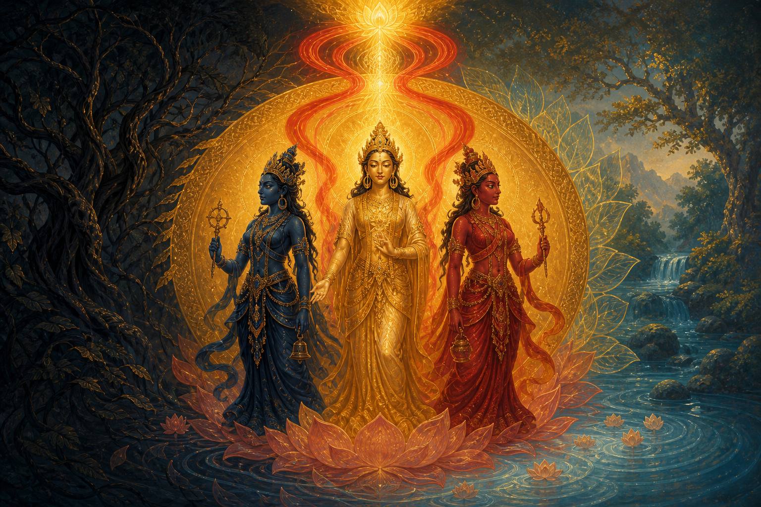 Parvati glows between blue- and red-clad guardian figures as three crimson ribbons of light merge into a golden radiance above them.