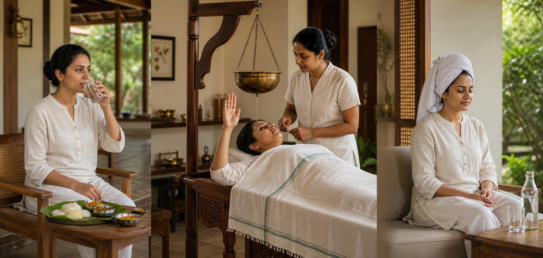 Three scenes show an adult preparing for Dhara, communicating with the practitioner during treatment, and resting quietly afterward.