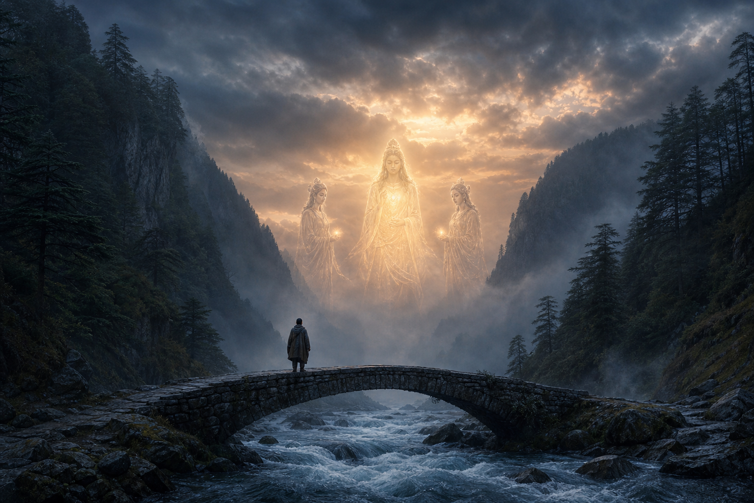 A lone traveler pauses on a stone bridge over a mountain river while three luminous feminine figures appear in the mist beyond the crossing.