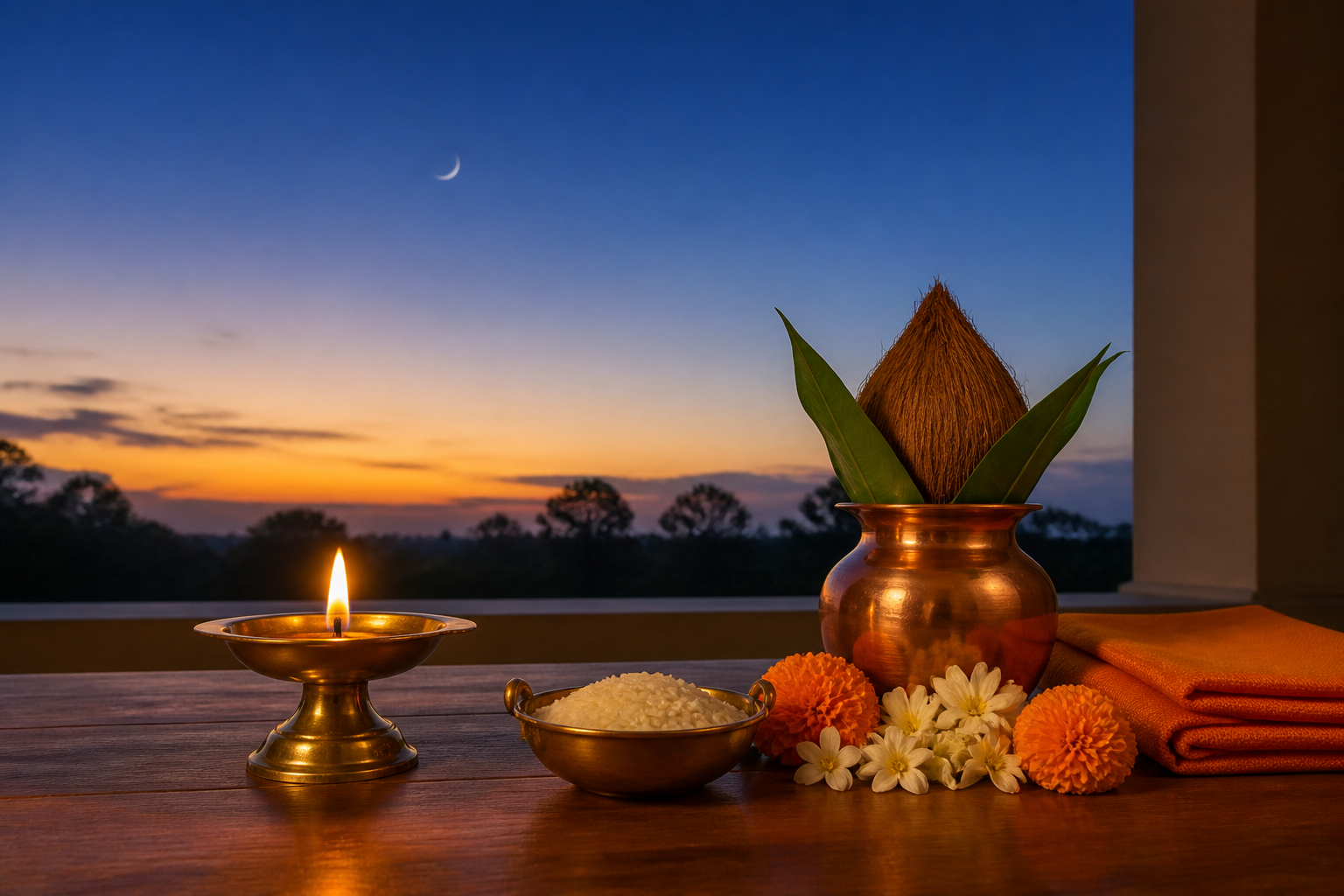 A brass diya, copper vessel, flowers, rice, and folded saffron cloth arranged for puja beside an open veranda at twilight, with a waxing moon in the sky.