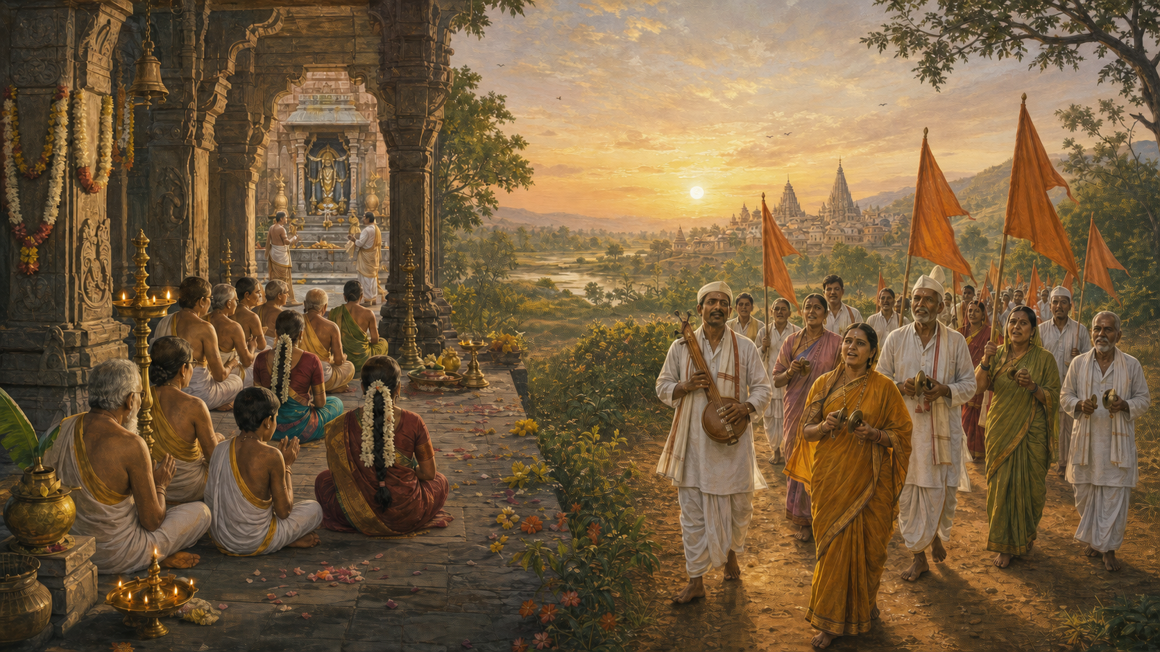 A balanced illustration shows devotees reciting in a lamp-lit South Indian temple beside Maharashtrian pilgrims singing and playing cymbals on a rural pilgrimage road.
