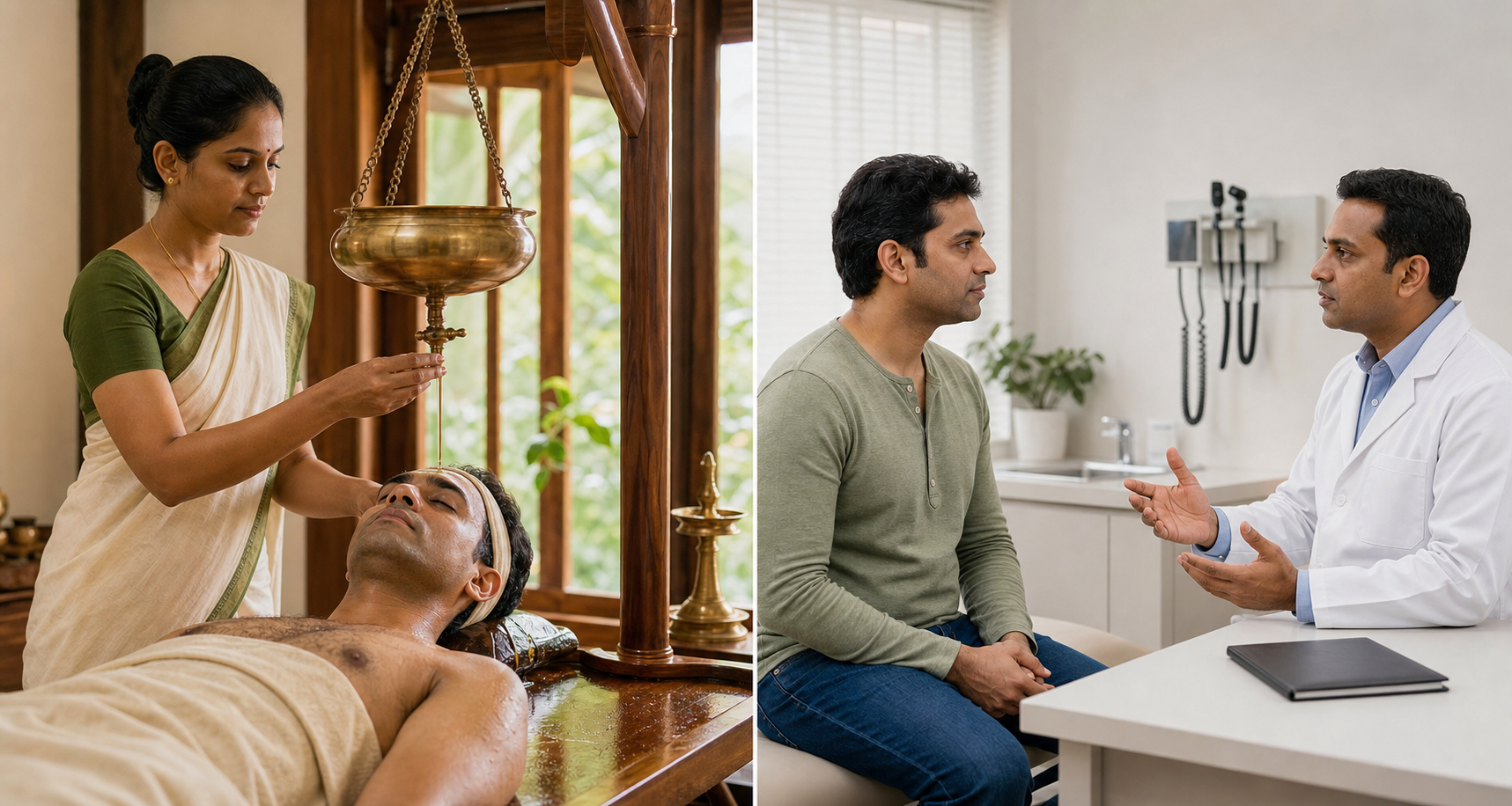 A paired scene shows an adult receiving supervised Dhara therapy and consulting a medical clinician in an examination room.