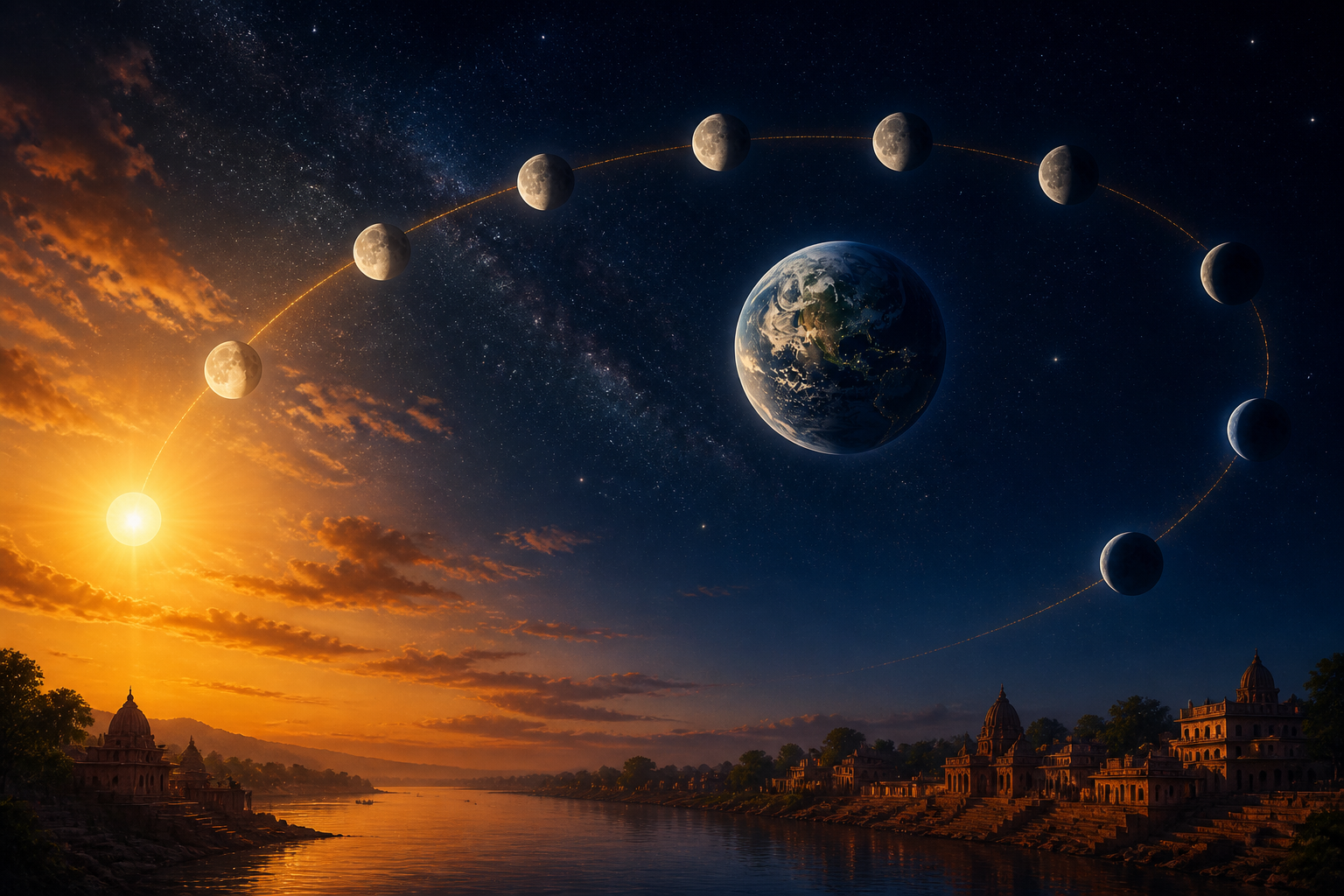 An illustration of the Sun, Moon, and Earth above an Indian landscape transitioning from daylight to evening.