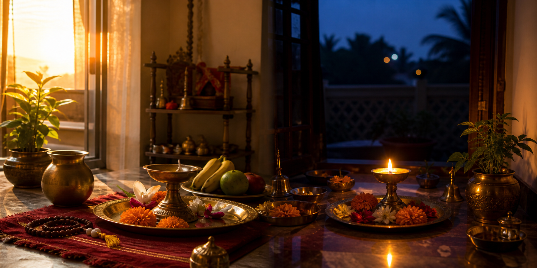 Two views of the same home puja setting, one in late-afternoon sunlight and the other after twilight with a lit diya.