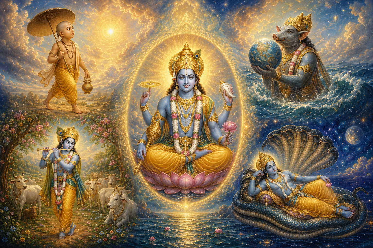Narayana sits above a cosmic ocean, surrounded by luminous scenes of Vamana, Varaha, Govinda, and Vishnu reclining on the cosmic serpent.