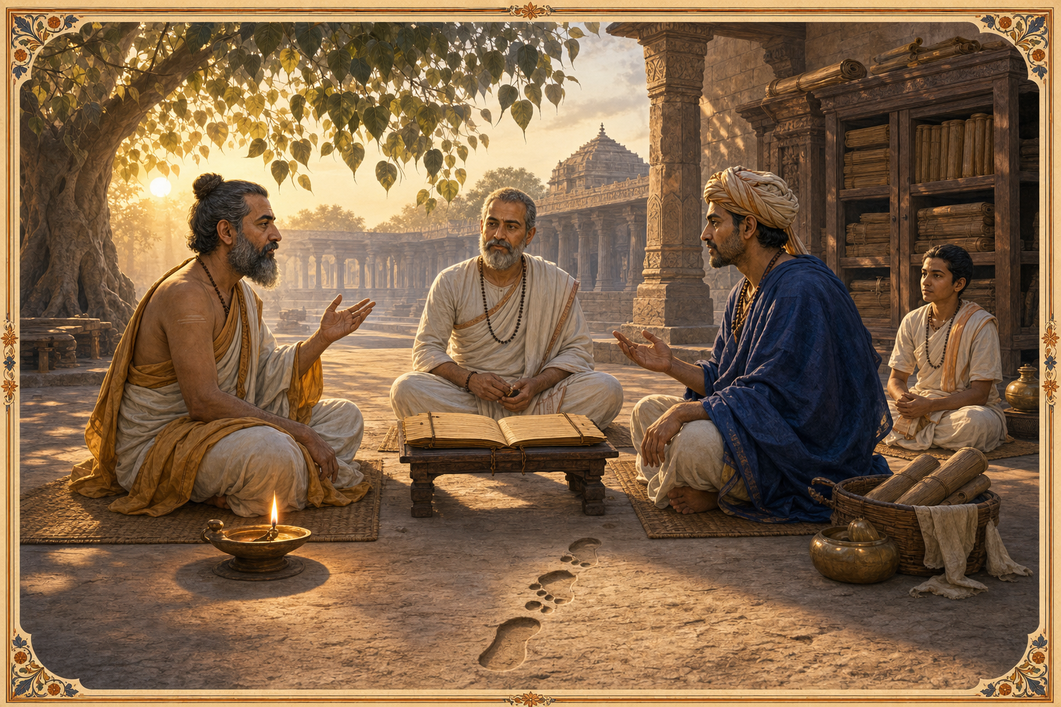 Two scholars and a moderator sit around an open palm-leaf manuscript in a library courtyard, with an oil lamp, footprints, and a listening student nearby.