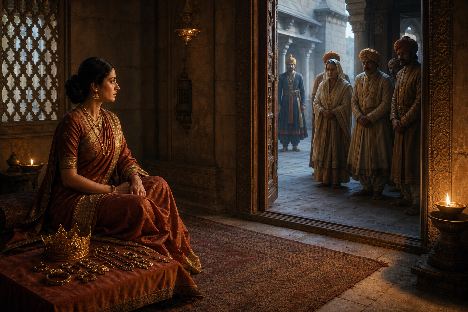 A composed queen sits inside a lamplit palace chamber while courtiers wait beyond the doorway for permission to approach.