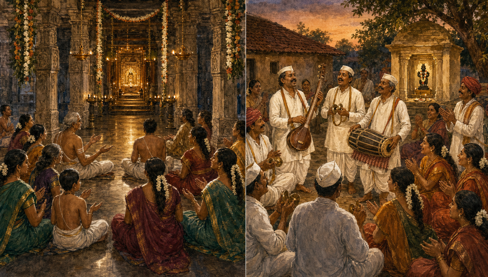 Tamil devotees recite together inside a Vishnu temple while Maharashtrian devotees sing, clap, and play instruments around kirtan performers in a village courtyard.