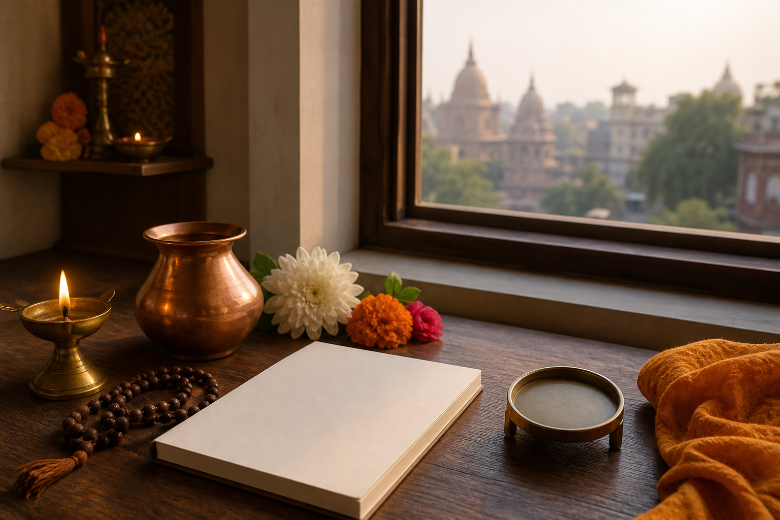 A puja still life with a brass diya, copper vessel, flowers, prayer beads, an unmarked notebook, and an unmarked directional instrument near a sunlit window.