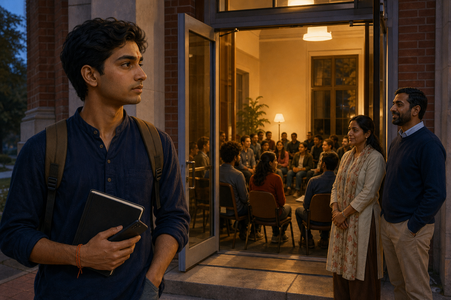 A Hindu student holding a notebook and phone pauses outside a campus forum while students and support staff gather inside.