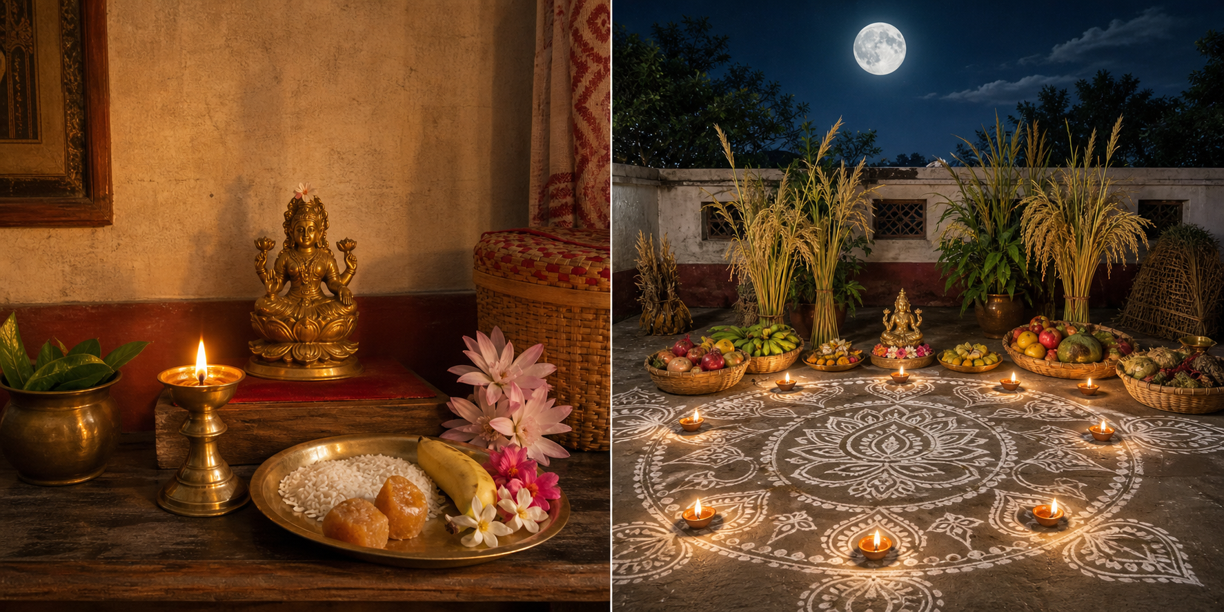 A diptych shows a small weekly Lakshmi altar beside a larger moonlit Kojagari Puja arrangement with multiple lamps, fruit, paddy, and alpana.